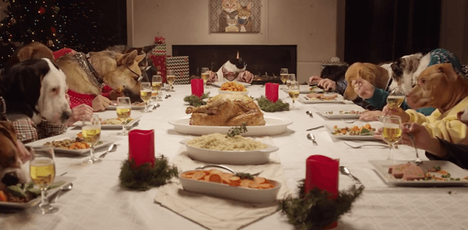 Веселый ролик: Очеловеченные кот с собаками пируют за столом. Видео